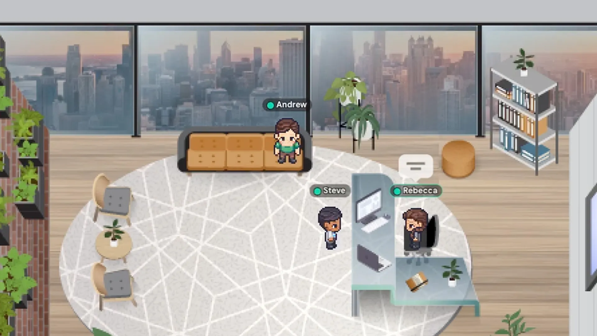 An image of several avatars conversing in an office