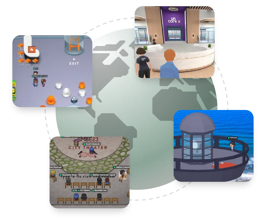 An illustration of a globe with several screenshots from virtual experiences superimposed above it