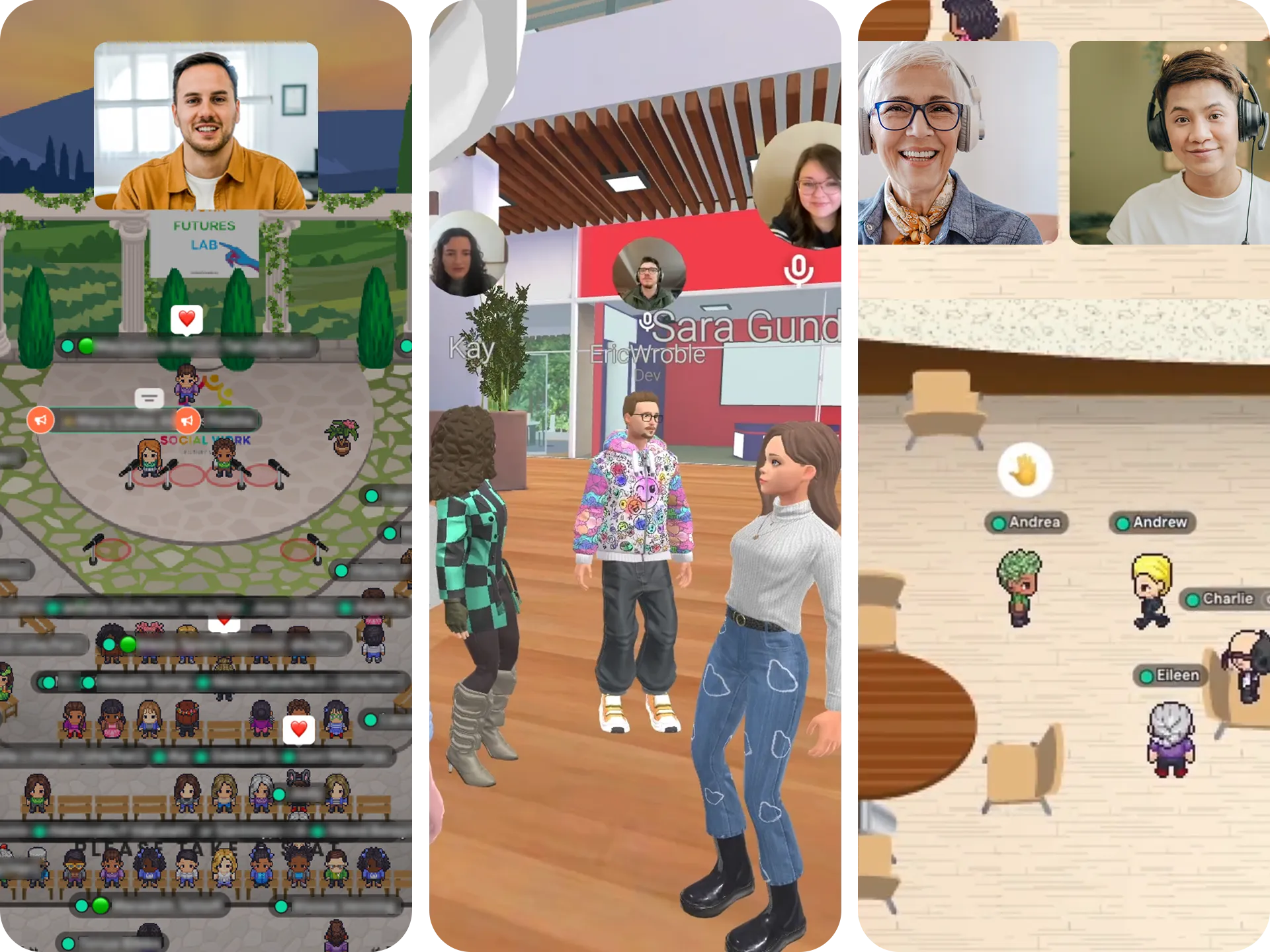 Triptych of three screenshots showing a virtual office building, arboretum, and fairground