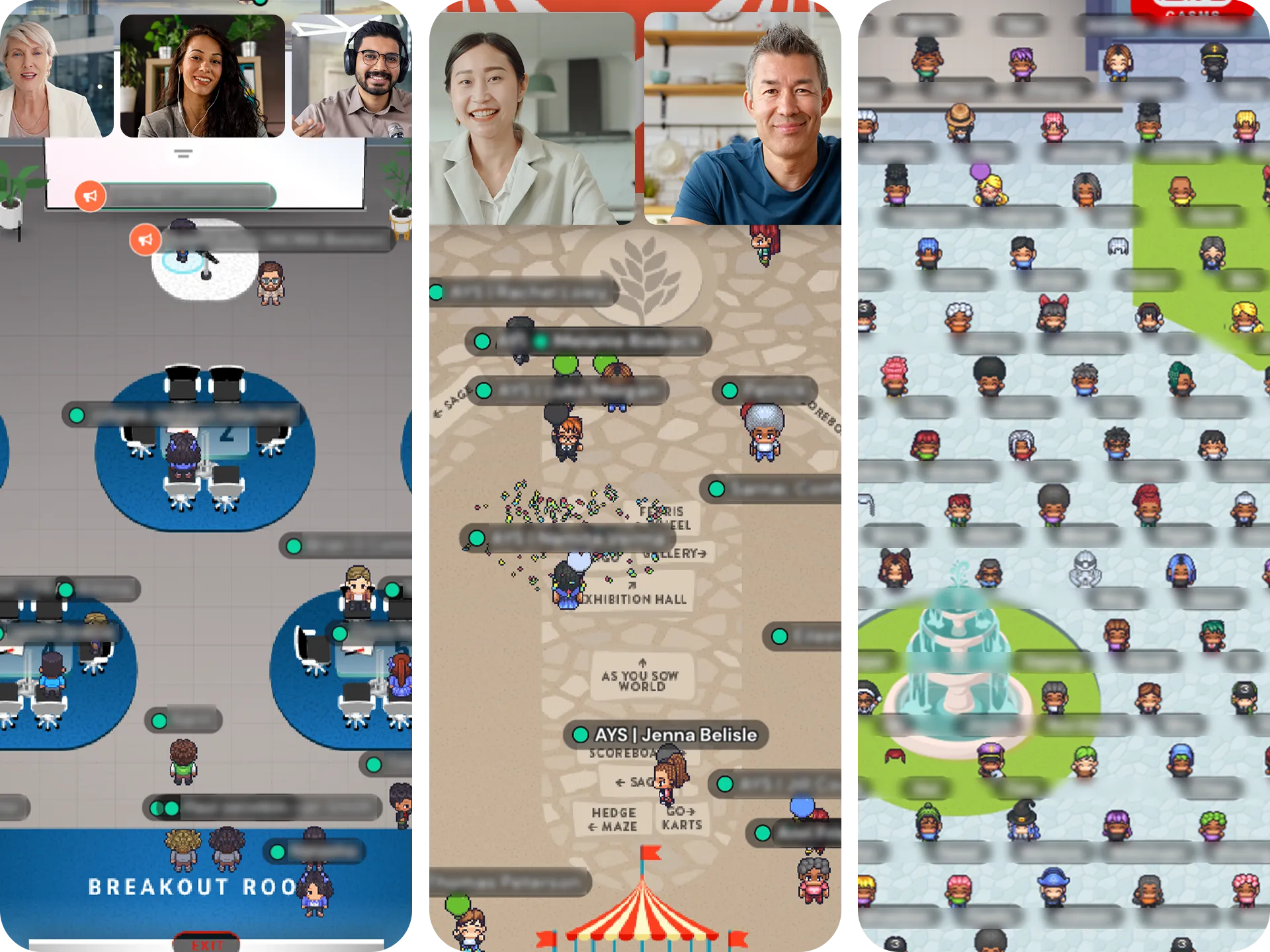 Triptych of three screenshots showing different virtual event spaces